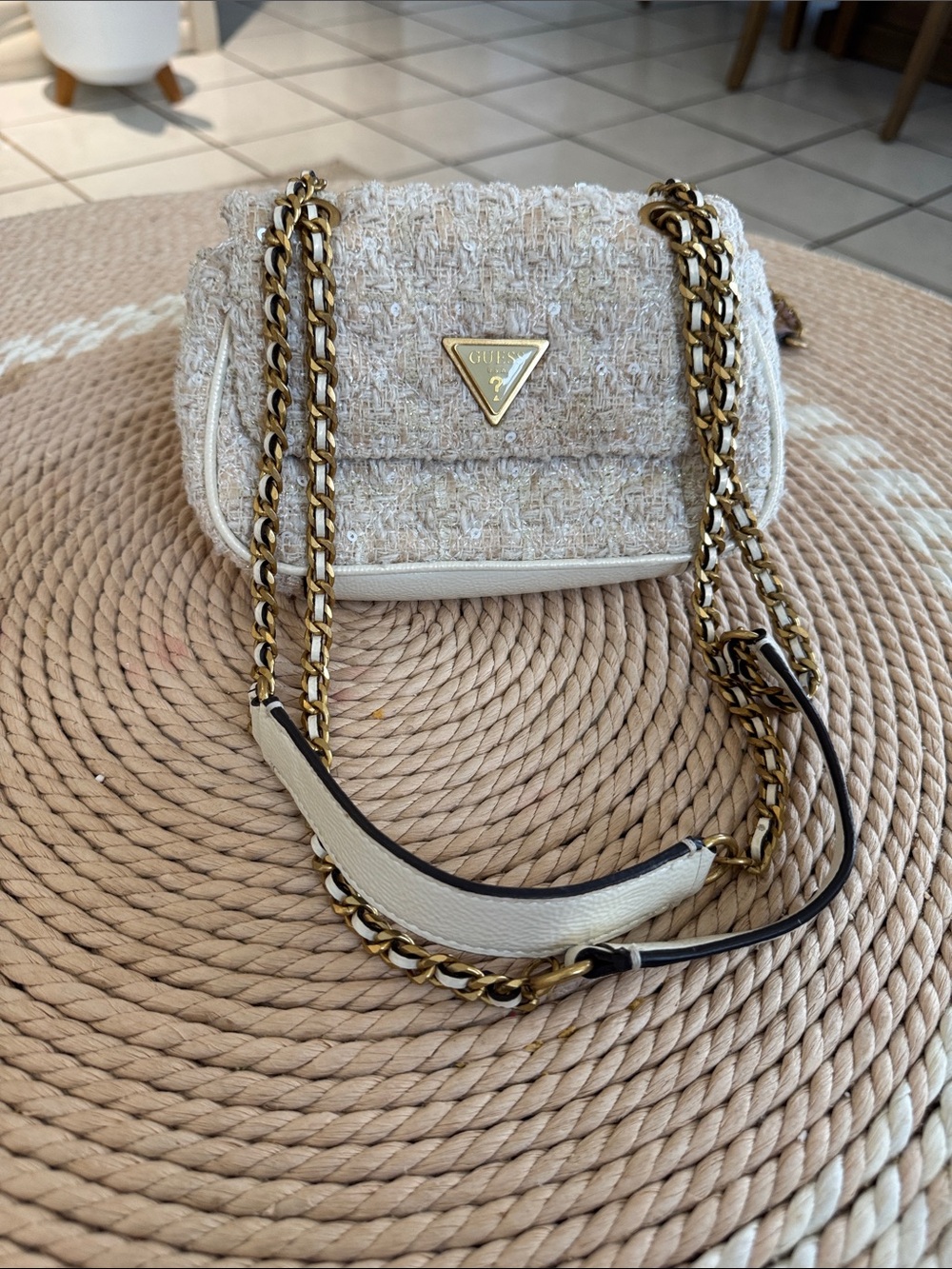 GUESS Cream Tweed Crossbody Bag with Gold Chain